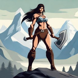 A powerful and alluring barbarian warrior, standing confidently with a fierce expression and holding a tall, imposing axe