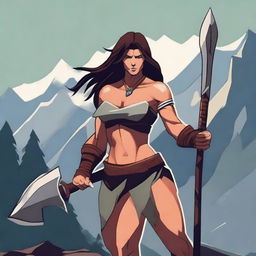 A powerful and alluring barbarian warrior, standing confidently with a fierce expression and holding a tall, imposing axe