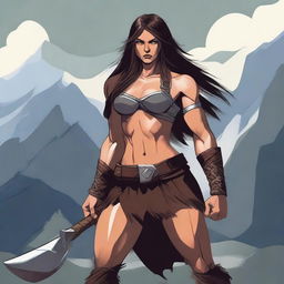 A powerful and alluring barbarian warrior, standing confidently with a fierce expression and holding a tall, imposing axe