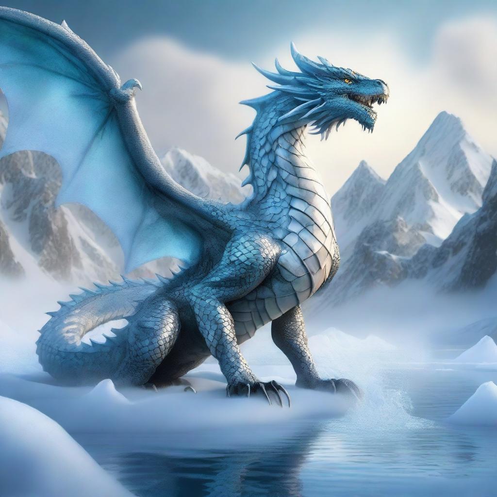 A majestic dragon breathing a stream of ice in a fantastical landscape