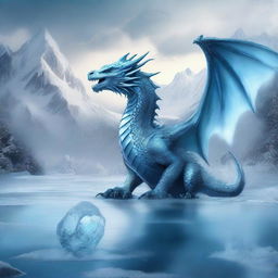 A majestic dragon breathing a stream of ice in a fantastical landscape