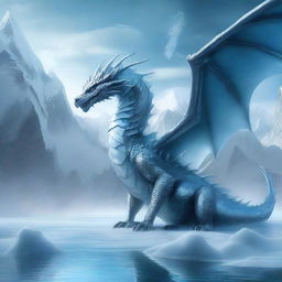 A majestic dragon breathing a stream of ice in a fantastical landscape