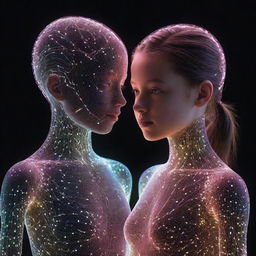 A unique AI illustration of a boy and girl, their forms constructed from a vibrant mesh of glowing digital circuitry.