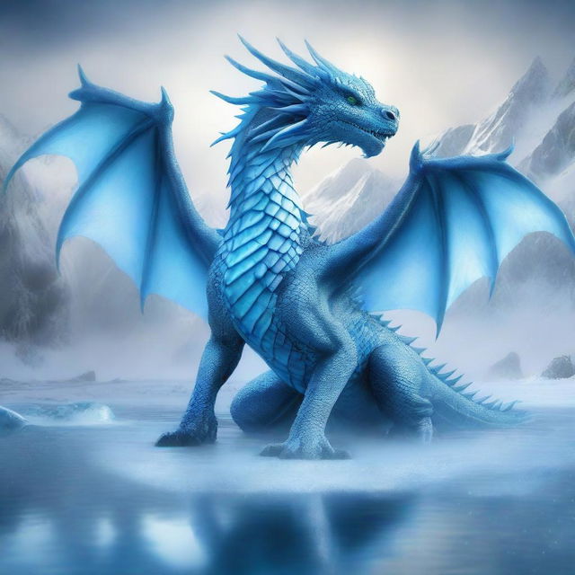 A majestic dragon breathing a stream of ice in a fantastical landscape