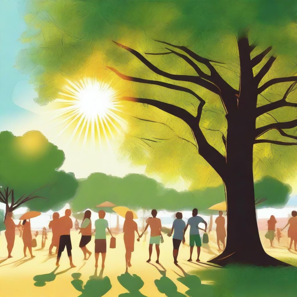 An image depicting a hot summer day, with a bright sun in the sky, people fanning themselves, and seeking shade under trees