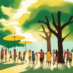 An image depicting a hot summer day, with a bright sun in the sky, people fanning themselves, and seeking shade under trees