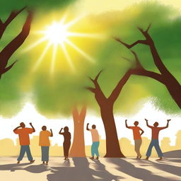 An image depicting a hot summer day, with a bright sun in the sky, people fanning themselves, and seeking shade under trees