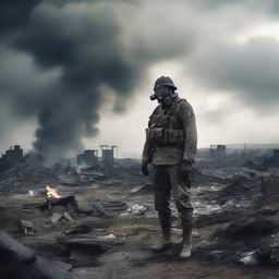 A World War One soldier in a desolate, apocalyptic landscape