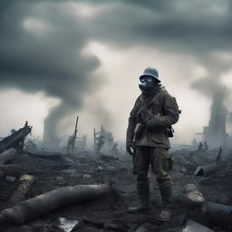 A World War One soldier in a desolate, apocalyptic landscape