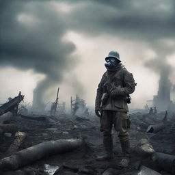 A World War One soldier in a desolate, apocalyptic landscape