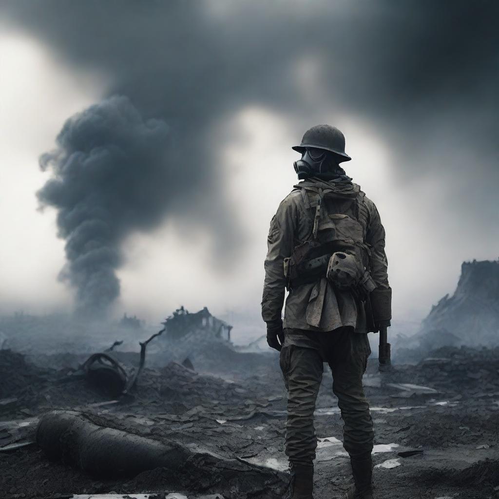 A World War One soldier in a desolate, apocalyptic landscape