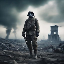 A World War One soldier in a desolate, apocalyptic landscape