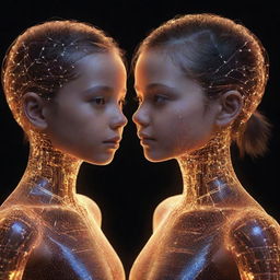 A unique AI illustration of a boy and girl, their forms constructed from a vibrant mesh of glowing digital circuitry.