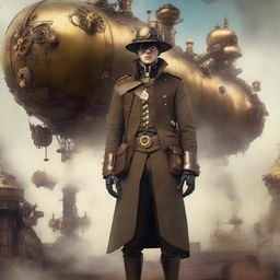 A World War One soldier with a steampunk twist, standing in a fantastical battlefield