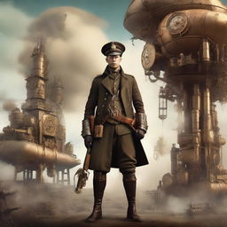 A World War One soldier with a steampunk twist, standing in a fantastical battlefield