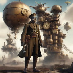 A World War One soldier with a steampunk twist, standing in a fantastical battlefield