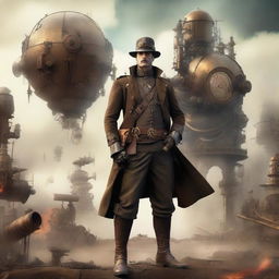 A World War One soldier with a steampunk twist, standing in a fantastical battlefield