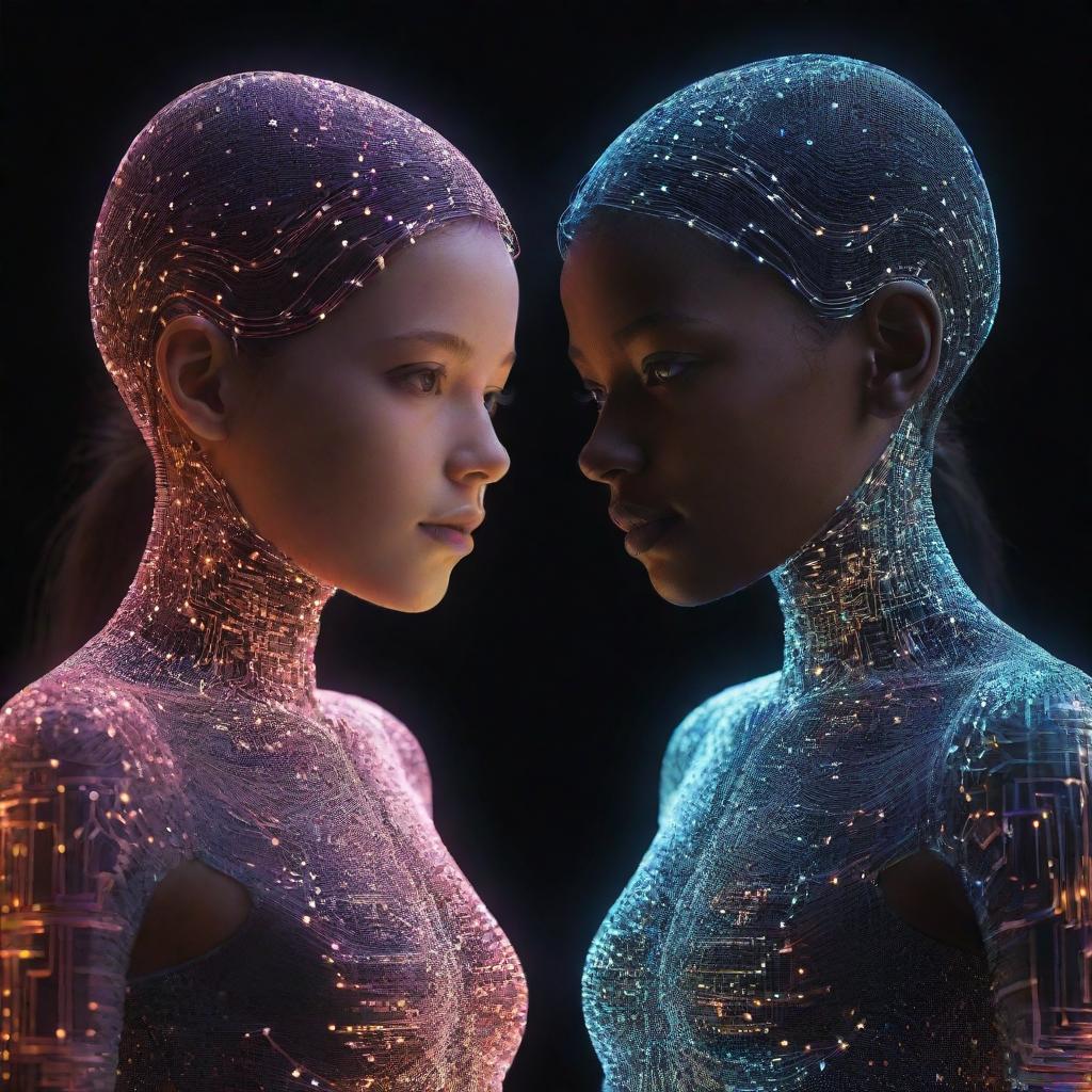 A unique AI illustration of a boy and girl, their forms constructed from a vibrant mesh of glowing digital circuitry.