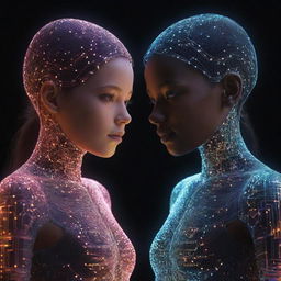 A unique AI illustration of a boy and girl, their forms constructed from a vibrant mesh of glowing digital circuitry.