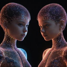 A unique AI illustration of a boy and girl, their forms constructed from a vibrant mesh of glowing digital circuitry.