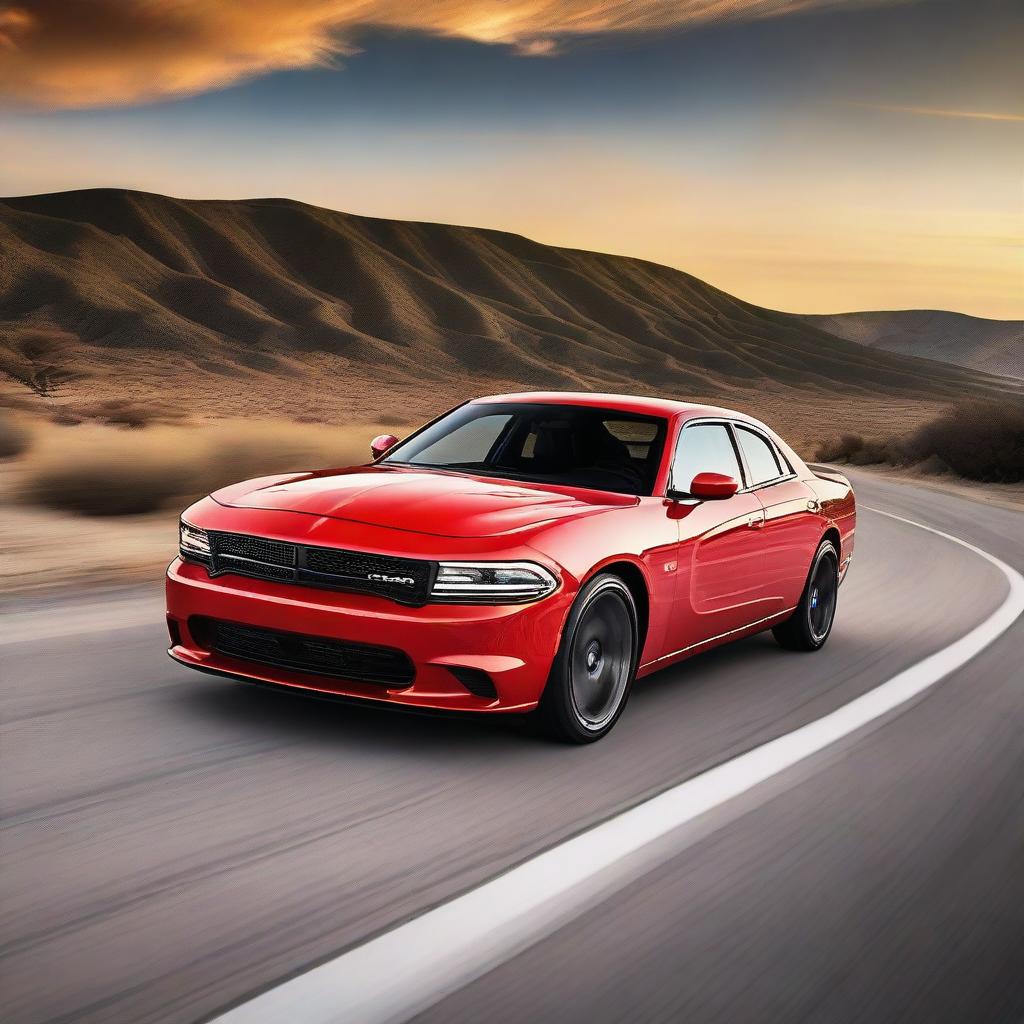 A sleek and modern Dodge car driving on an open road with a beautiful sunset in the background