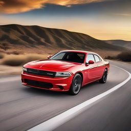 A sleek and modern Dodge car driving on an open road with a beautiful sunset in the background