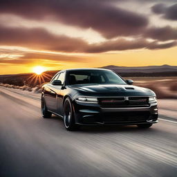 A sleek and modern Dodge car driving on an open road with a beautiful sunset in the background