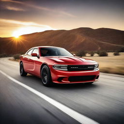 A sleek and modern Dodge car driving on an open road with a beautiful sunset in the background