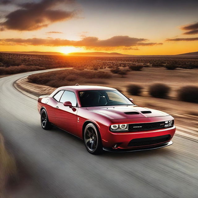 A sleek and modern Dodge car driving on an open road with a beautiful sunset in the background