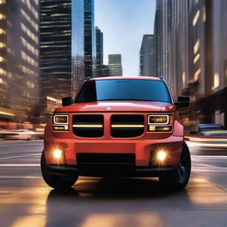 A modernized Dodge Nitro SUV driving through a cityscape at dusk