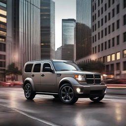 A modernized Dodge Nitro SUV driving through a cityscape at dusk