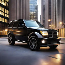 A modernized Dodge Nitro SUV driving through a cityscape at dusk