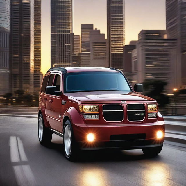 A modernized Dodge Nitro SUV driving through a cityscape at dusk