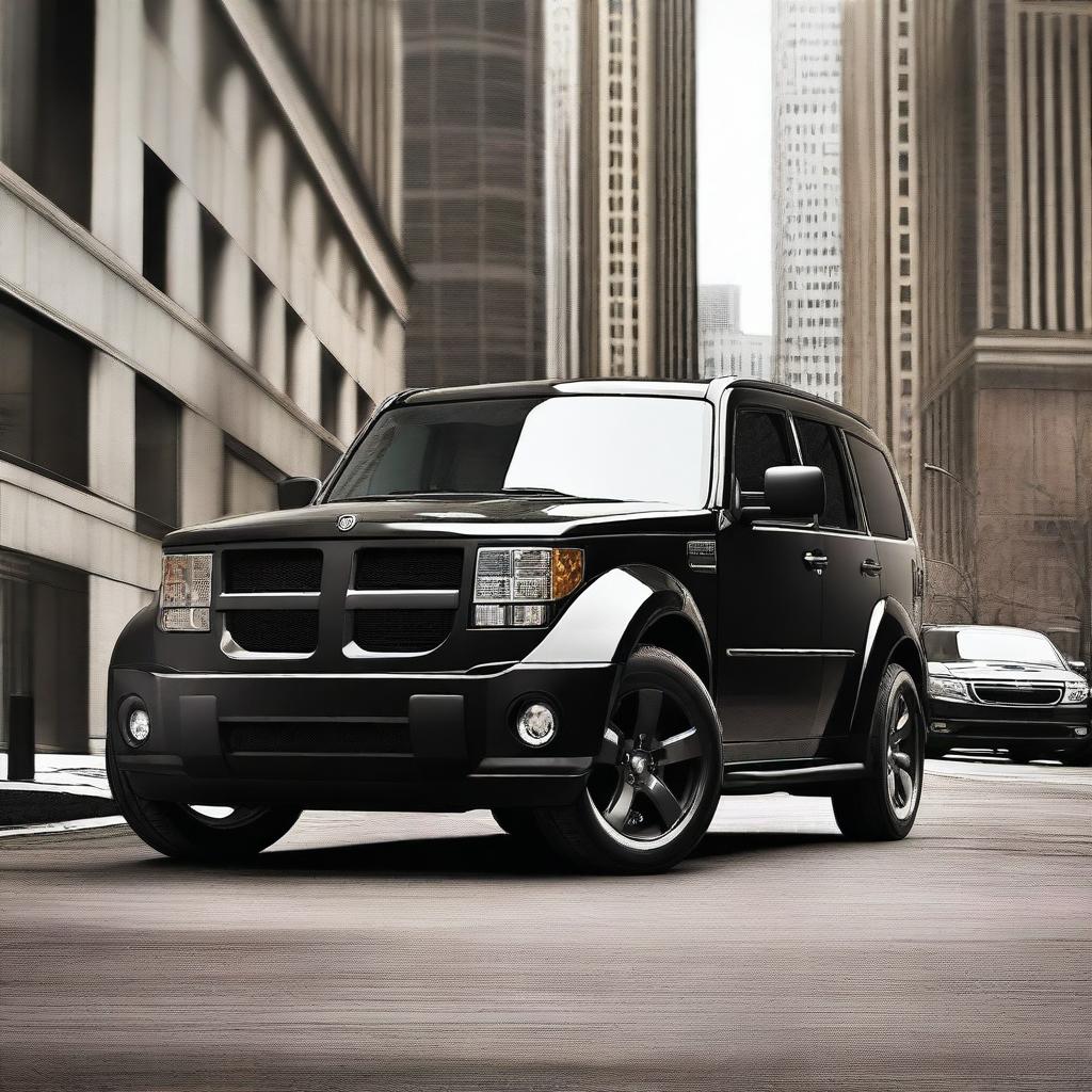 A modern Dodge Nitro SUV with a sleek and contemporary design driving through a bustling urban environment