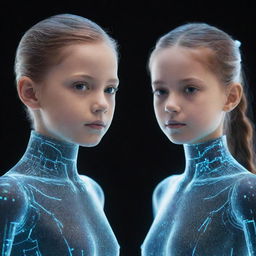 A futuristic image of a boy and girl rendered as AI holographic figures, showcasing advanced technology.