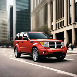 A modern Dodge Nitro SUV with a sleek and contemporary design driving through a bustling urban environment