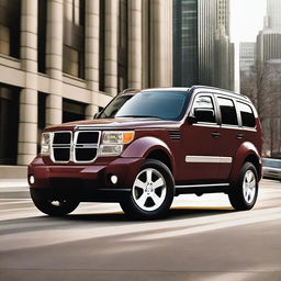 A modern Dodge Nitro SUV with a sleek and contemporary design driving through a bustling urban environment