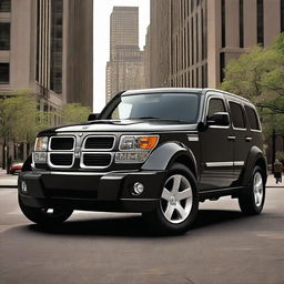 A modern Dodge Nitro SUV with a sleek and contemporary design driving through a bustling urban environment