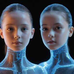 A futuristic image of a boy and girl rendered as AI holographic figures, showcasing advanced technology.