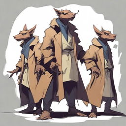 Three kobolds standing on top of each other inside a trenchcoat, trying to appear as a single tall figure