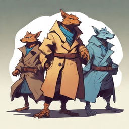 Three kobolds standing on top of each other inside a trenchcoat, trying to appear as a single tall figure