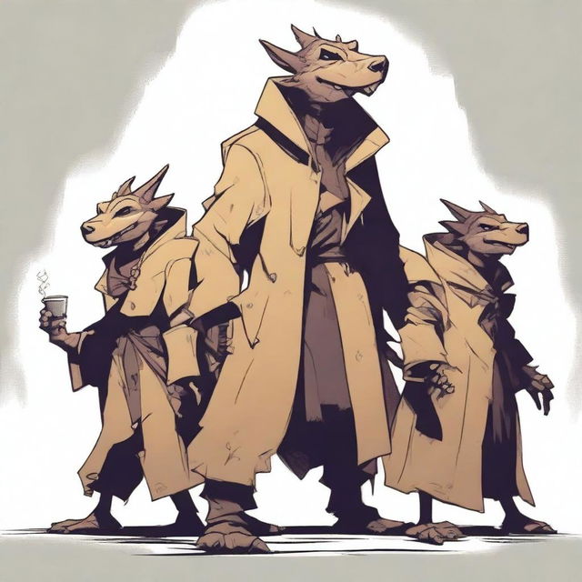 Three kobolds standing on top of each other inside a trenchcoat, trying to appear as a single tall figure