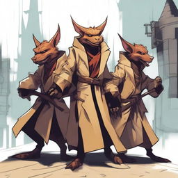 Three kobolds stacked on top of each other inside a trenchcoat, trying to look like a single tall figure