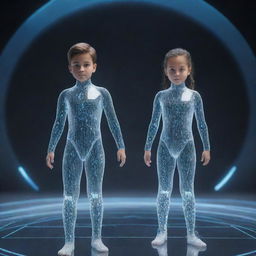 A futuristic image of a boy and girl rendered as AI holographic figures, showcasing advanced technology.