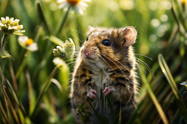 High-definition photograph of a field mouse in a natural meadow setting, designed for use as a wallpaper