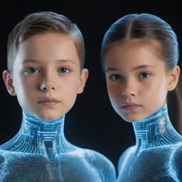 A futuristic image of a boy and girl rendered as AI holographic figures, showcasing advanced technology.