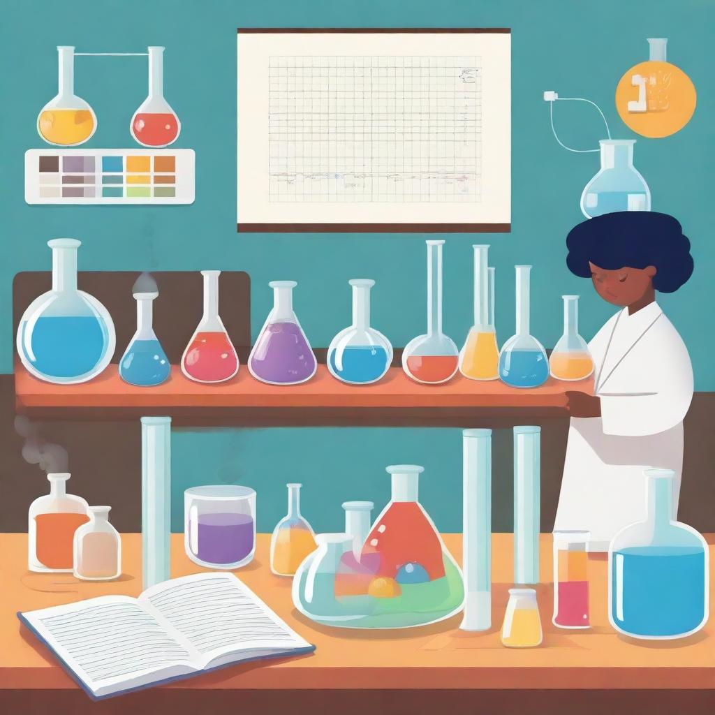 An illustrated scene depicting various elements of General Chemistry, including lab equipment like beakers and test tubes, chemical reactions, and the periodic table