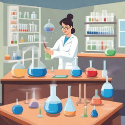 An illustrated scene depicting various elements of General Chemistry, including lab equipment like beakers and test tubes, chemical reactions, and the periodic table