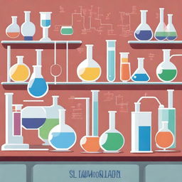 An illustrated scene depicting various elements of General Chemistry, including lab equipment like beakers and test tubes, chemical reactions, and the periodic table