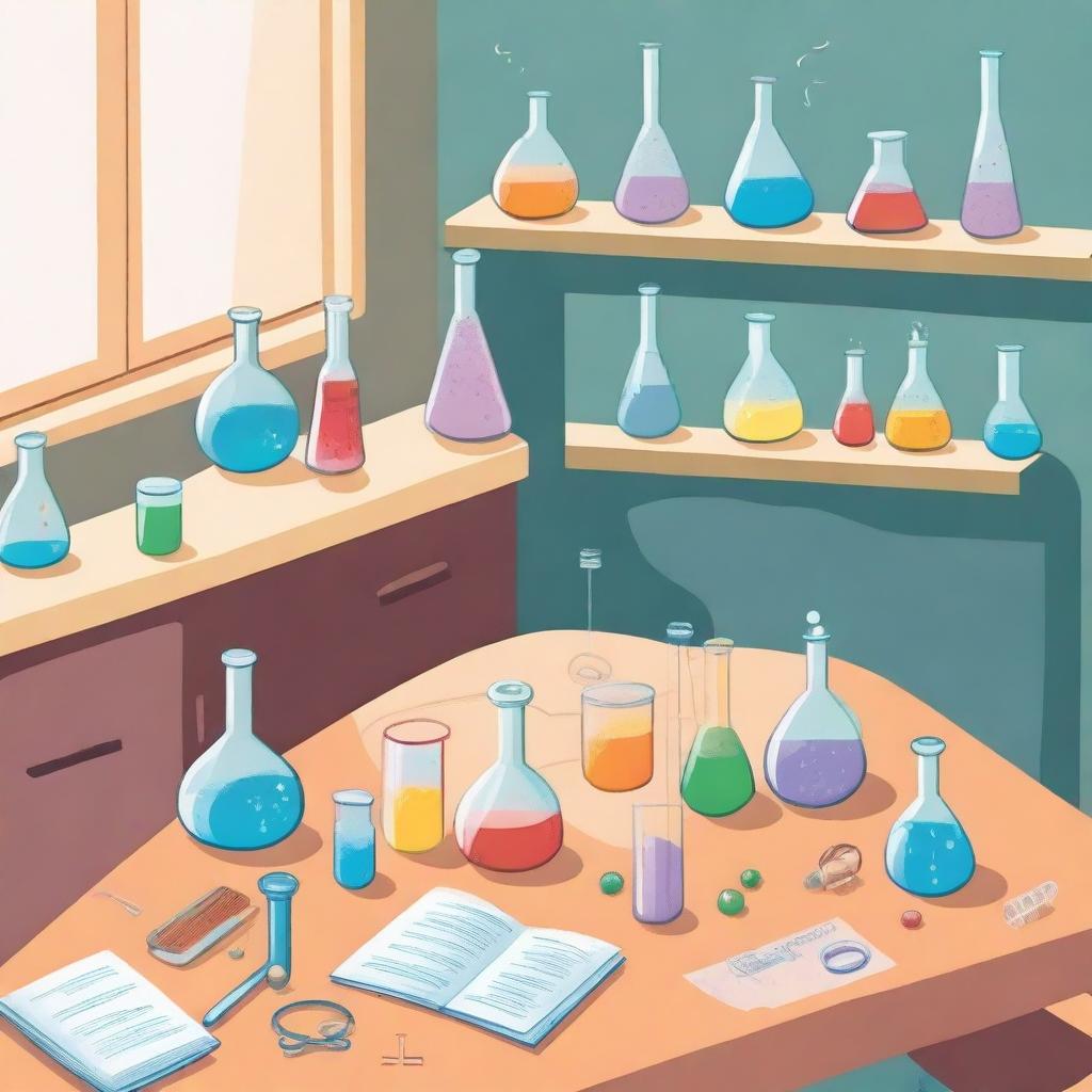 An illustrated scene depicting various elements of General Chemistry, including lab equipment like beakers and test tubes, chemical reactions, and the periodic table